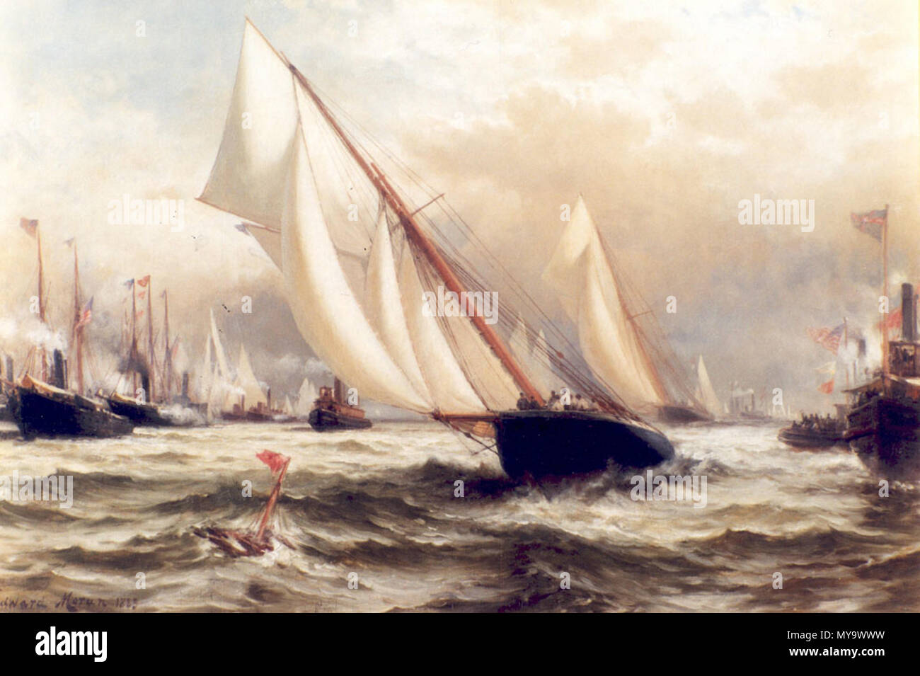 . Puritan vs Genesta, America's Cup 1885. Oil on canvas 18⅝ x 31⅝ Inches . 1885. Edward Moran 370 Moran Puritan v Genista Stock Photo