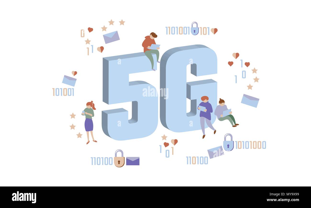 5G new wireless internet wifi connection. Small people large big symbol letters. Gadgets device isometric blue 3d flat. Global network high speed innovation data rate technology vector illustration Stock Vector