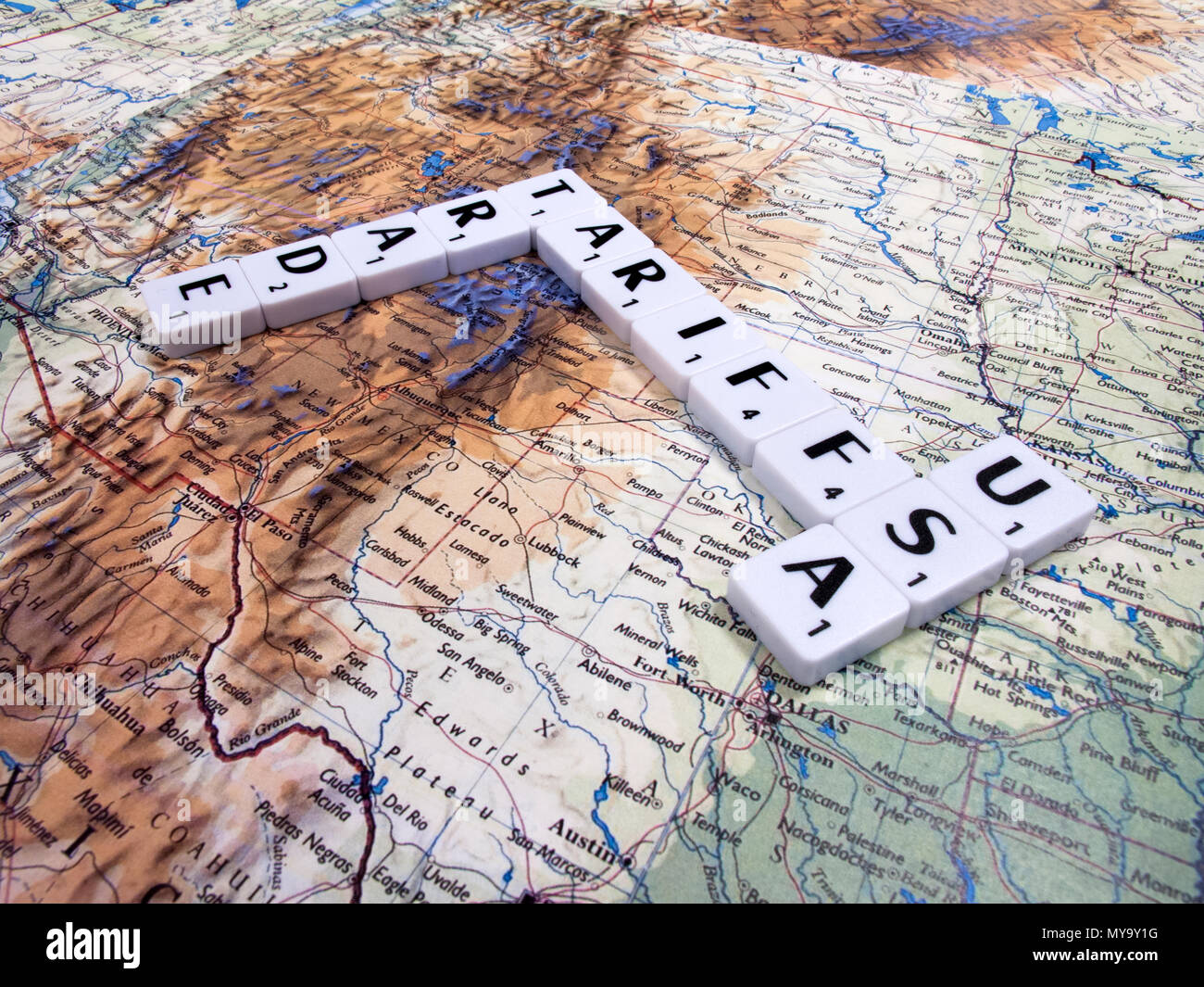 representation of trade tariffs imposed by the United States of America on steel and aluminium imports Stock Photo