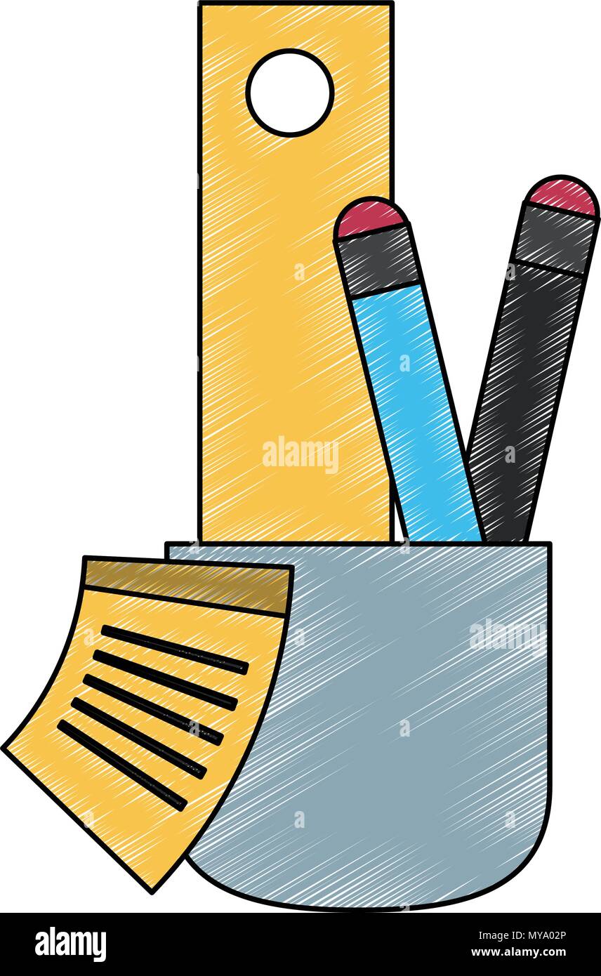 Ruler and pens in cup scribble Stock Vector
