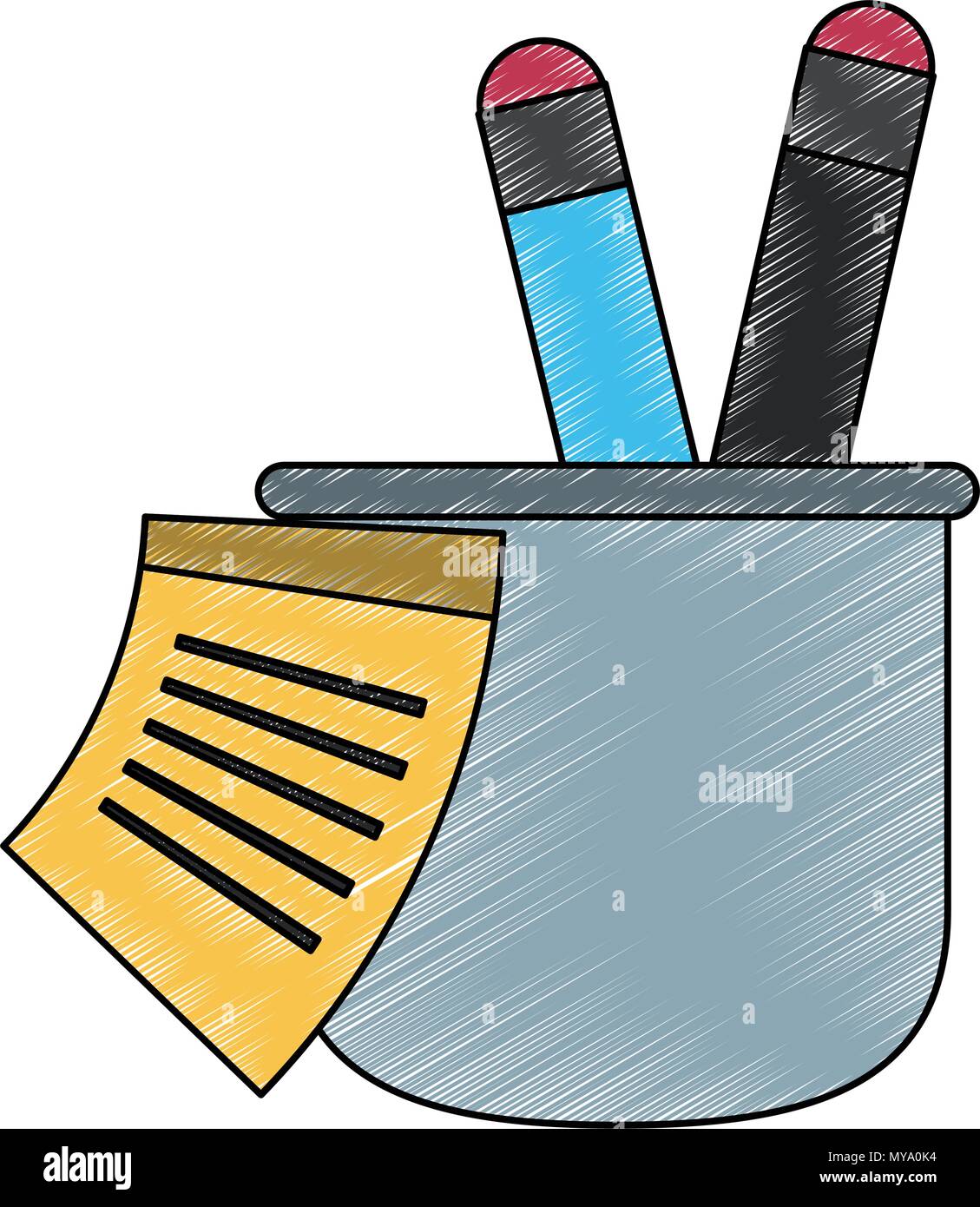Ruler and pens in cup scribble Stock Vector
