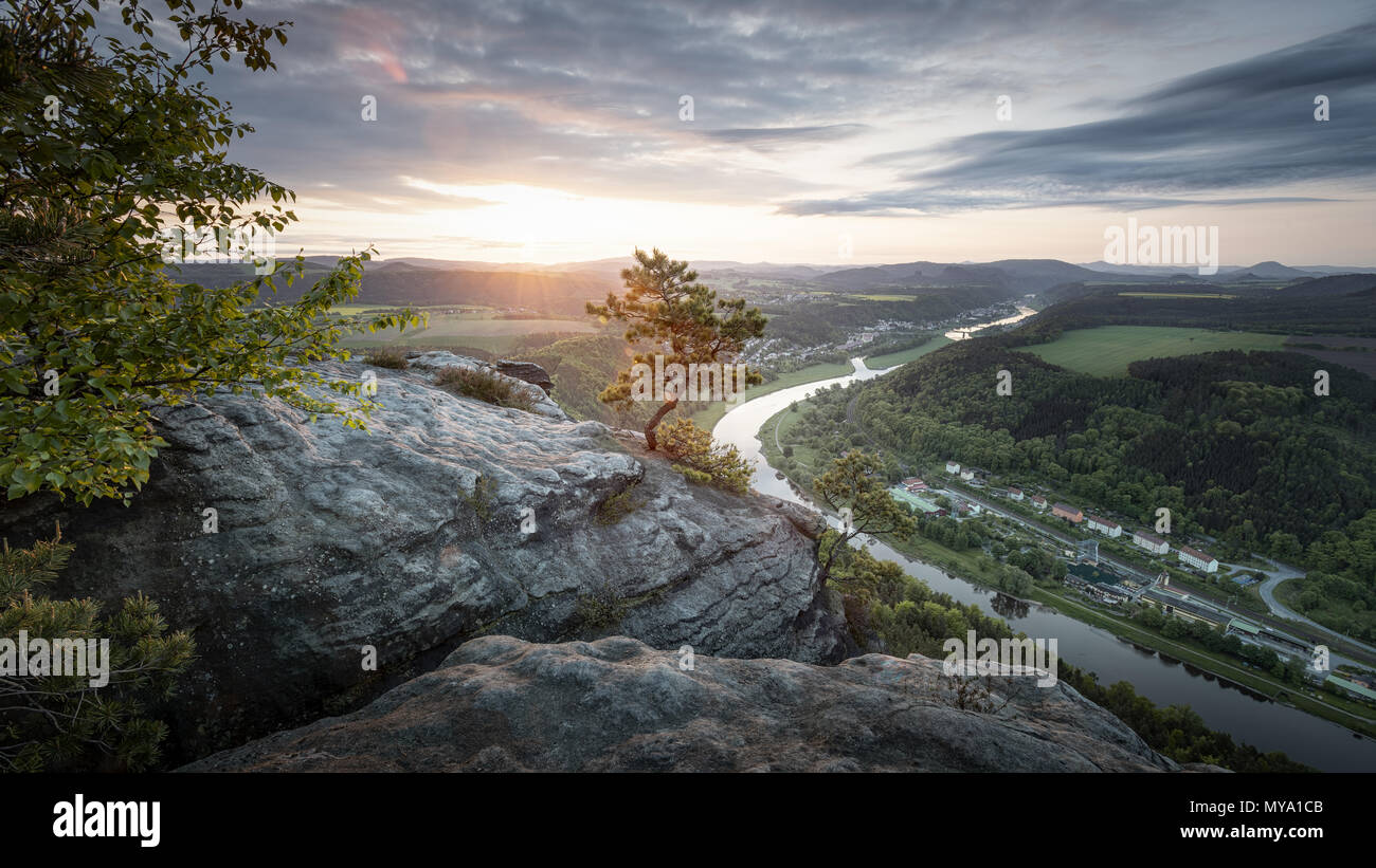 View from Lilienstein to the Elbe river at sunrise, Saxon Switzerland, Elbe Sandstone Mountains, Saxony, Germany Stock Photo