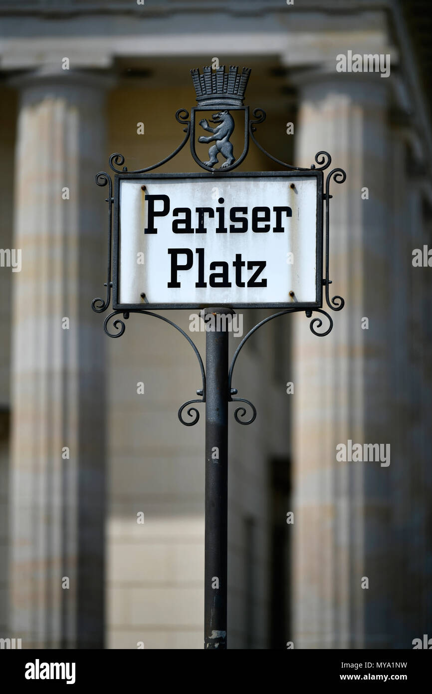 Old street sign Pariser Platz am Brandenburg Gate, Berlin, Germany Stock Photo