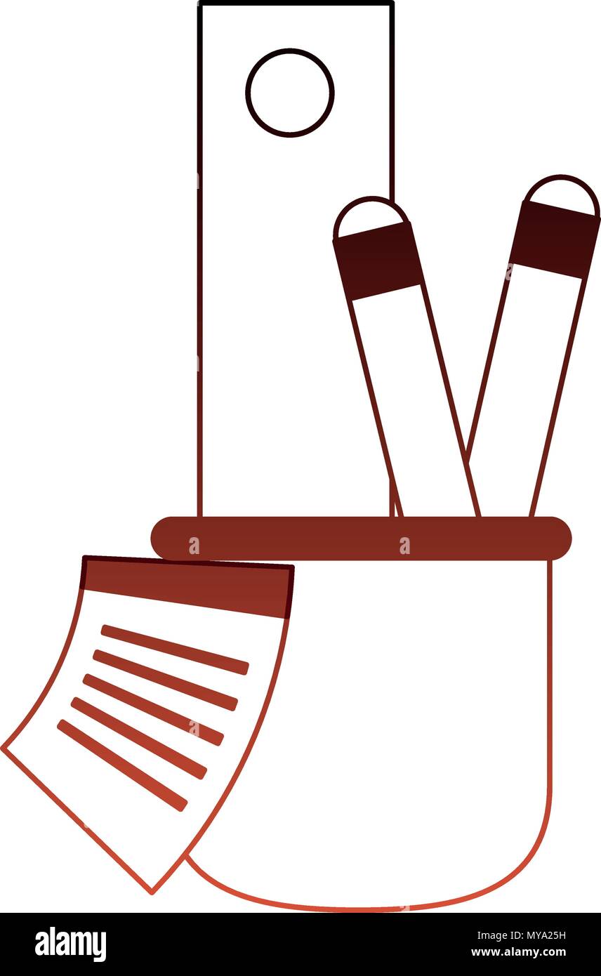 Ruler and pens in cup red lines Stock Vector