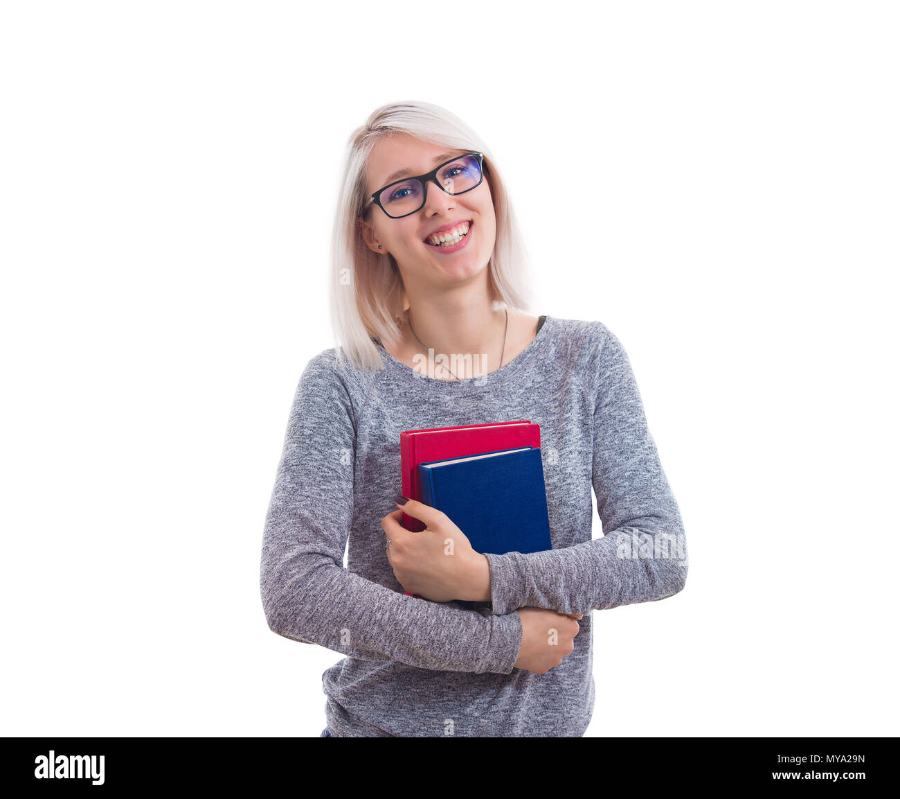 Pretty young teacher with glasses and notebooks. Educational concept ...