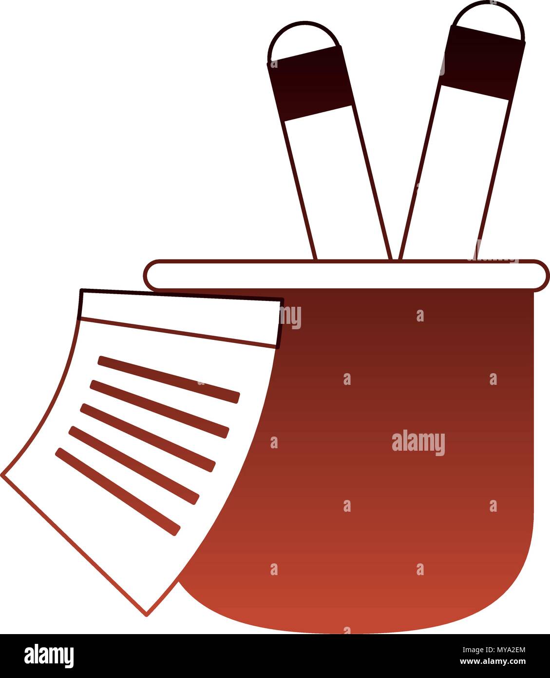 Ruler and pens in cup red lines Stock Vector
