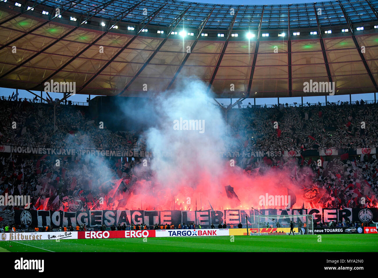 Pyrotechnics and smoke in fan section, DFB Cup Final 2018, Olympic Stadium Berlin, Germany Stock Photo