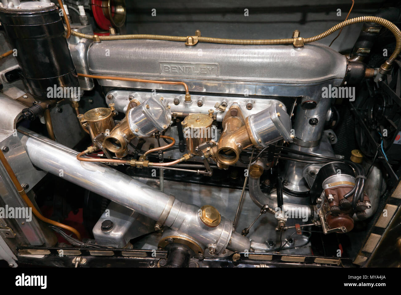 Close-up of a 1926  3Litre Bentley  engine from a Red Label Speed Model, on display at the 2018 London Classic Car Show Stock Photo