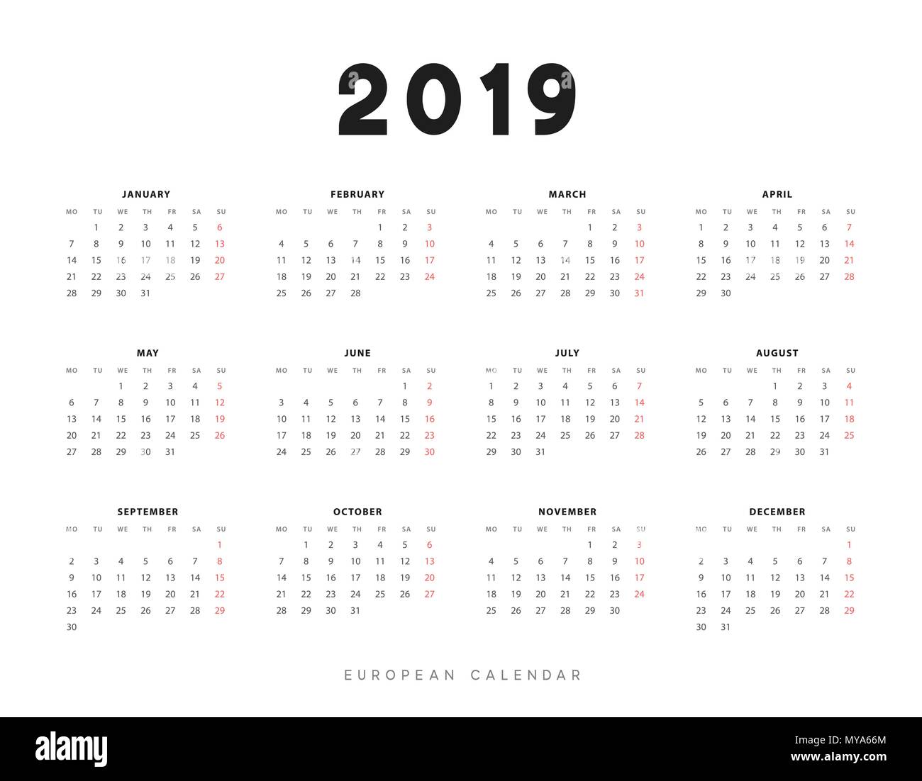 Simple European Calendar For 2019 Years Week Starts On Monday Stock Simple European Calendar For 2019 Years Week Starts On Monday Stock