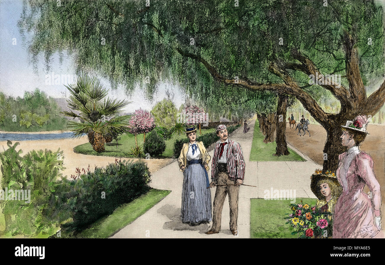 Avenue in Los Angeles, 1890s. Digitally colored woodcut Stock Photo