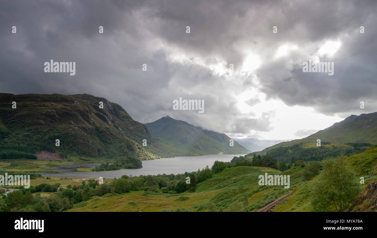 Late summer view of Glenfinnan Monument commerating Bonnie Prince Charlies landing point in