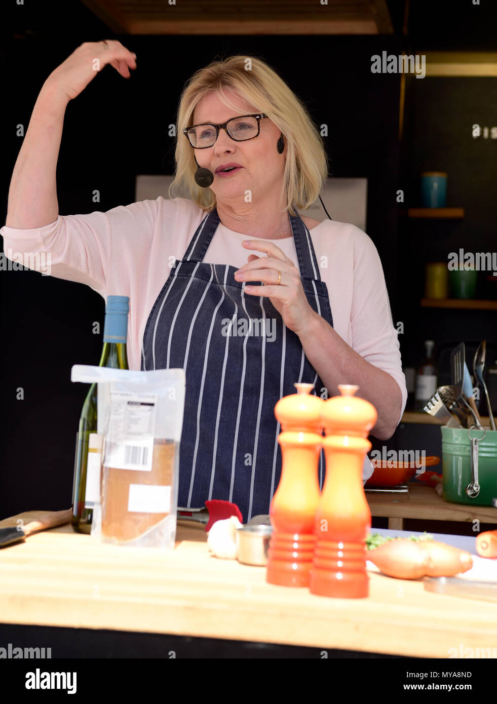 Jane Devonshire, 2016 BBC MasterChef Champion, giving a cooking demonstration at the annual Watercress Festival, Alresford, Hampshire, UK. 20.05.2018. Stock Photo