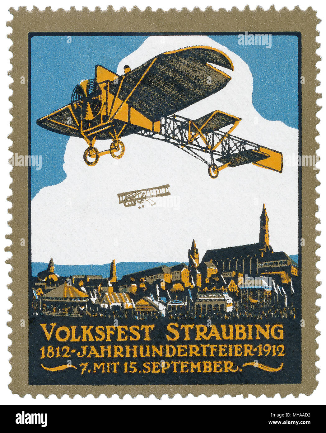 Vintage German trade stamp for the 1912 Straubing Volksfest. Straubing is in Lower Bavaria, the volksfest is now called Gäubodenvolksfest, and it is a beer festival and funfair that continues to this day. Stock Photo