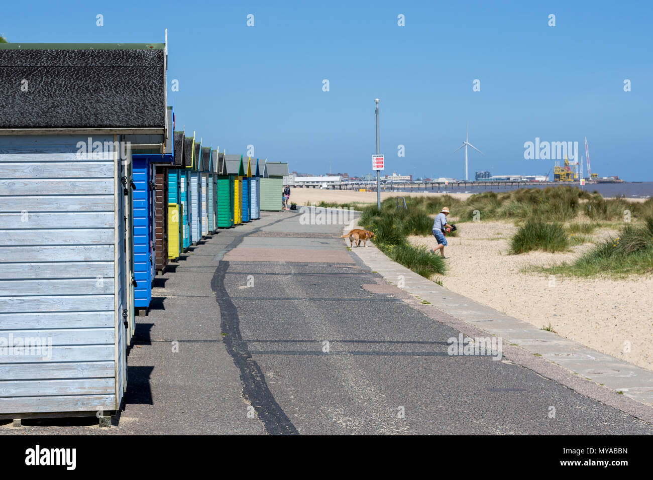 Pastel coloured beach huts curving towards the sandy beach at Lowestoft