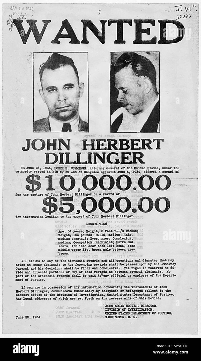 Federal Bureau of Investigation (FBI) Wanted Poster of John Dillinger June 25,1934 Stock Photo