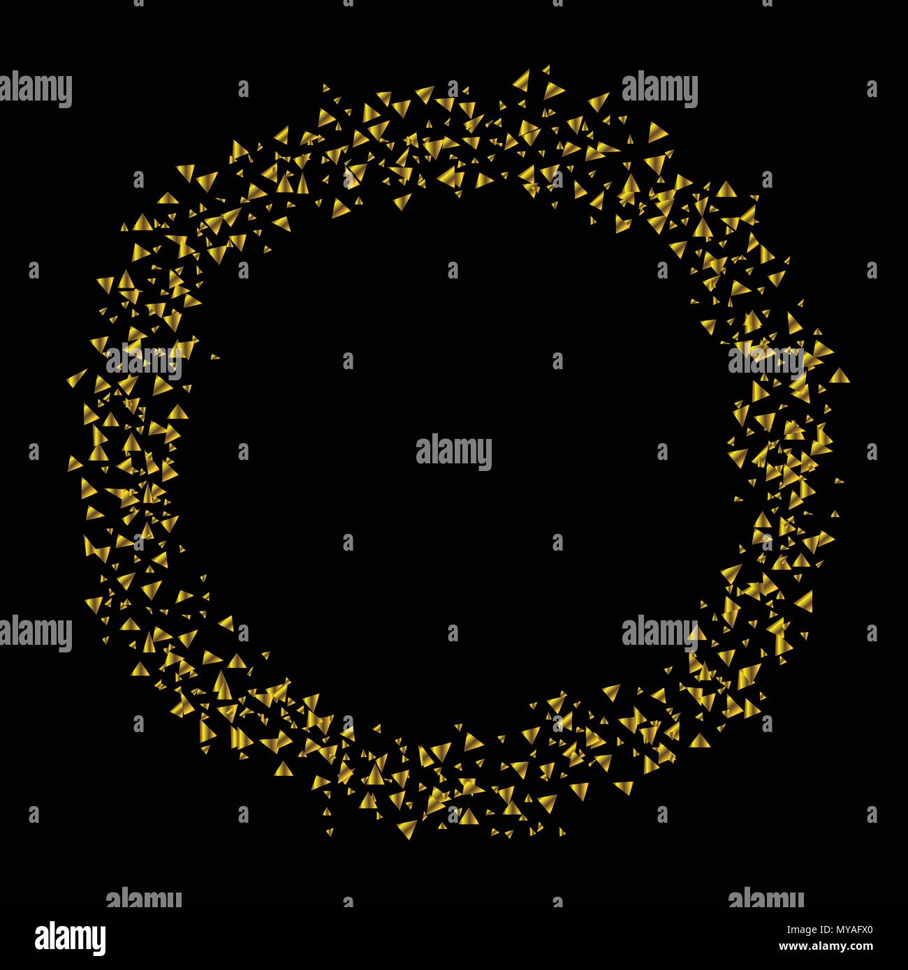 Golden confetti circle, Flying triangular confetti. Festive triangles holiday background Stock Vector