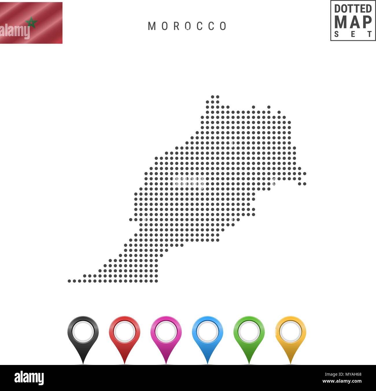 Vector Dotted Map of Morocco. Simple Silhouette of Morocco. National Flag of Morocco. Set of Multicolored Map Markers Stock Vector