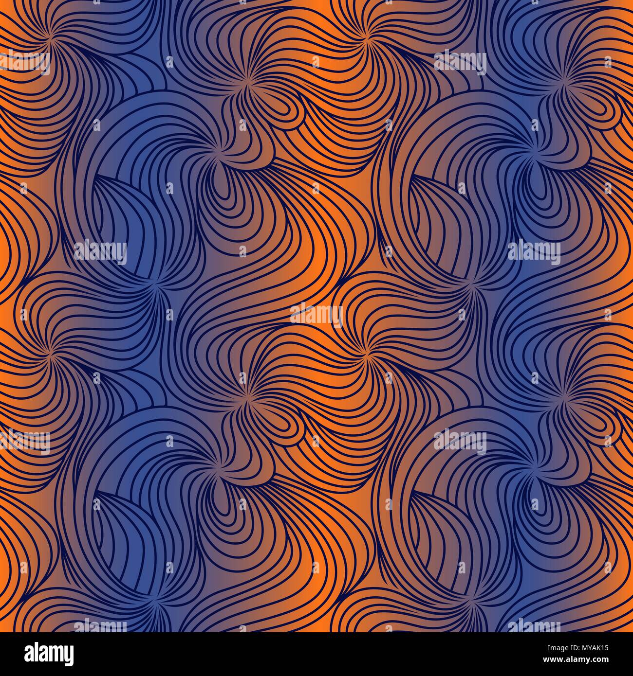 Interwoven wavy lines and curves on the gradient background of orange and blue, seamless vector pattern as a fabric texture Stock Vector
