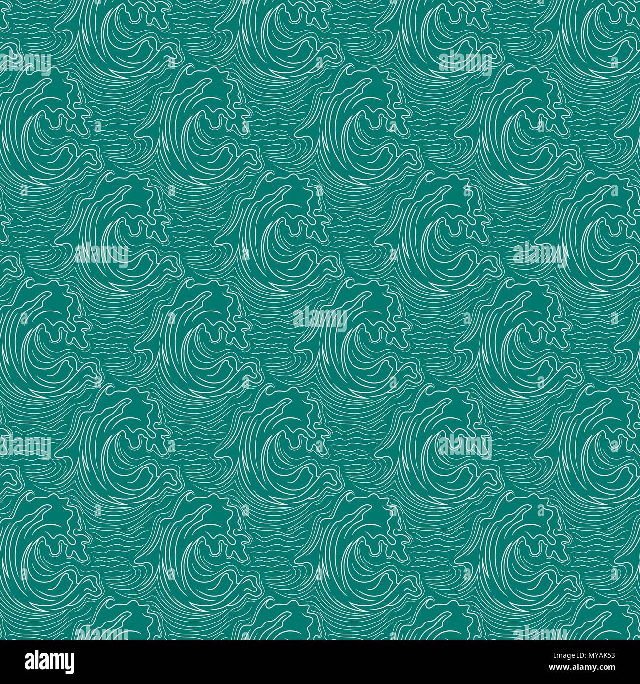 Seamless vector pattern with wavy lines and curves in the form of sea waves in turquoise hues as a fabric texture Stock Vector