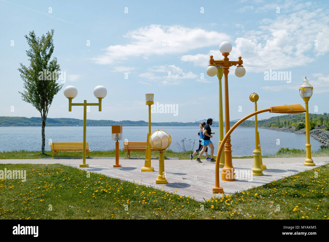 A display of old street lamps on the Promenade Samual de Champlain in Quebec City, Canada Stock Photo