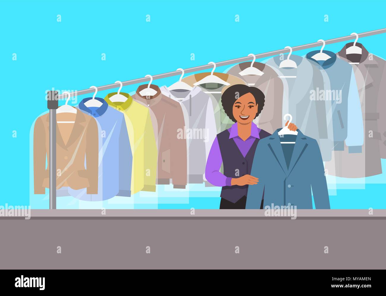 Dry cleaning shop interior. African American girl stands at reception counter and holds clean jacket. Hanging rack with cleaned clothes. Vector flat i Stock Vector