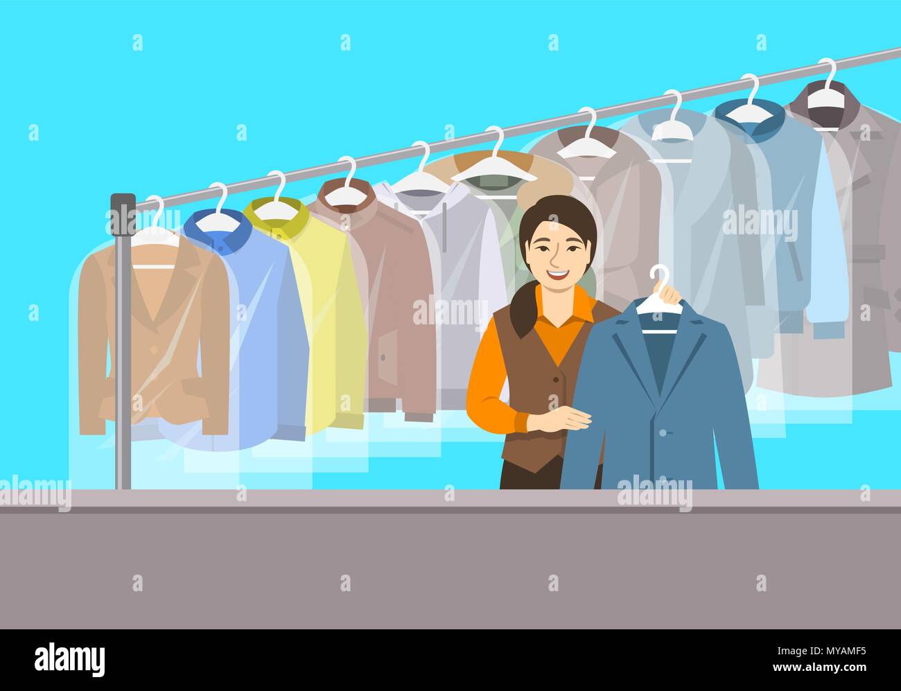 Dry cleaning shop interior. Asian girl stands at reception counter and holds clean jacket. Hanging rack with cleaned clothes. Vector flat illustration Stock Vector