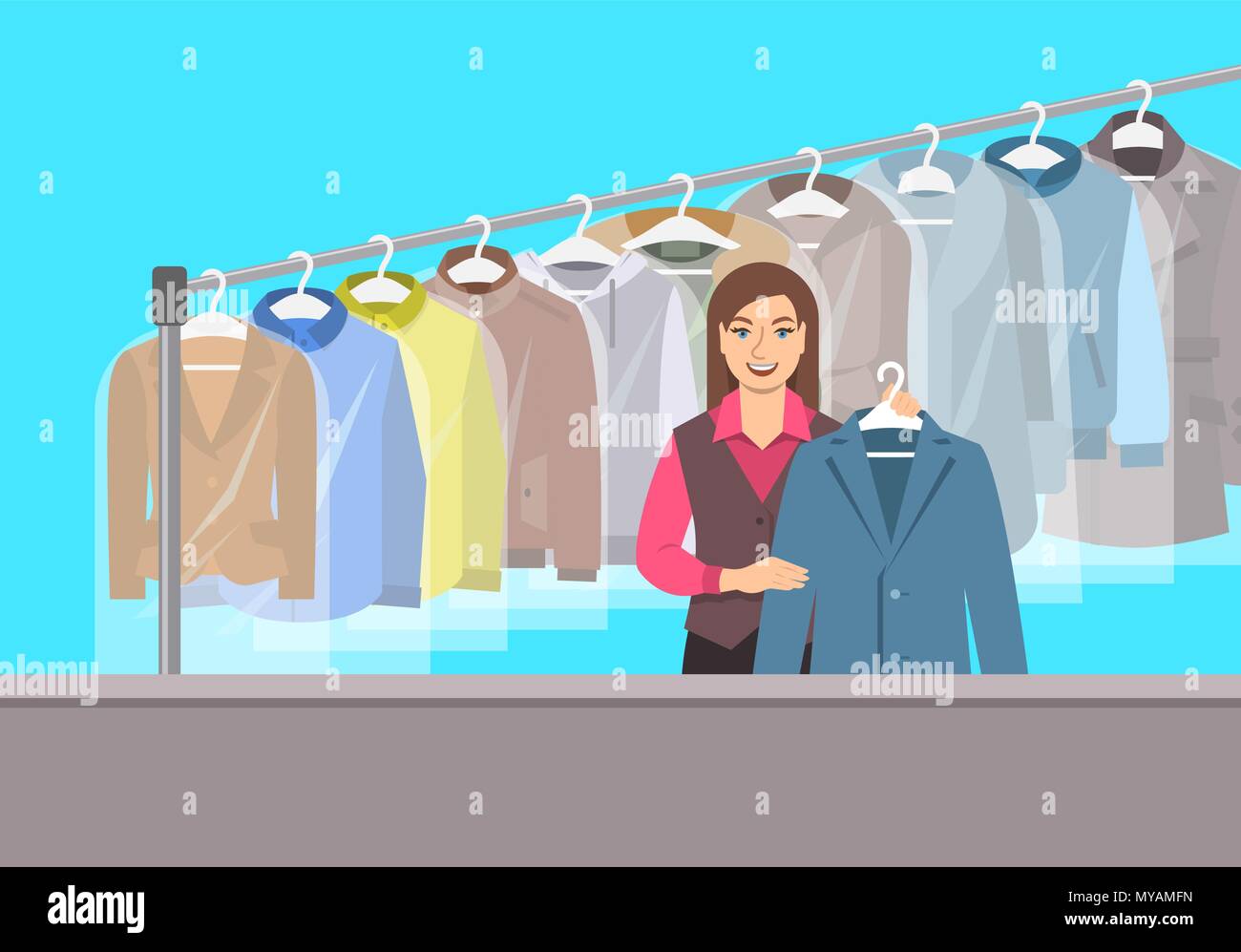 Dry cleaning shop interior. Young girl stands at reception counter and holds clean jacket. Hanging rack with cleaned clothes. Vector flat illustration Stock Vector