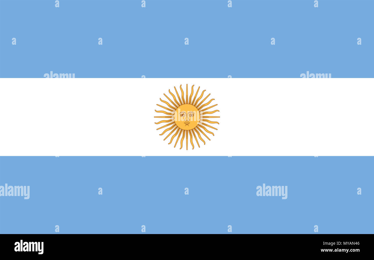 National flag of Argentina with Sun of May. Triband of three horizontal bands in light blue and white. Sol de Mayo, a national emblem of Argentina. Stock Photo