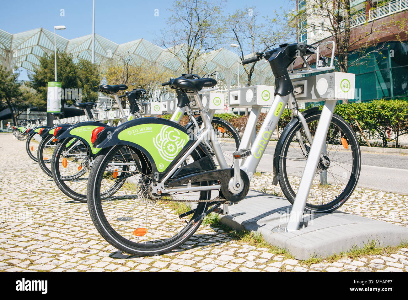 Portugal, Lisbon 29 april 2018: city bicycles or alternative ecological public transport and lease of city bicycle Stock Photo