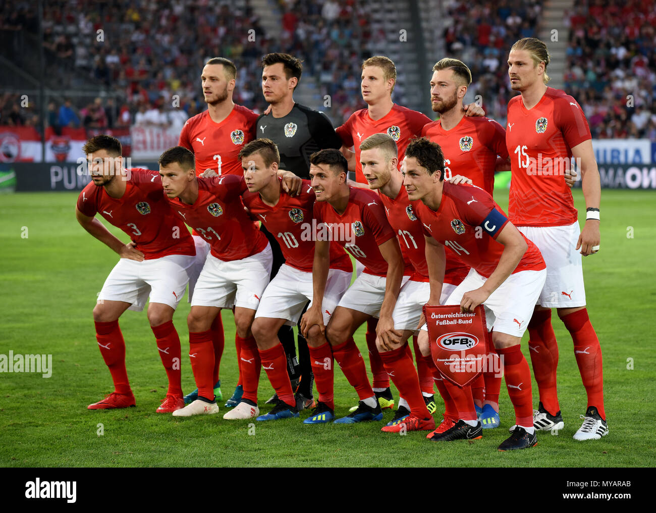 Innsbruck, Austria - May 30, 2018. National team of Austria before international friendly match against Russia at Tivoli stadium in Innsbruck. Stock Photo