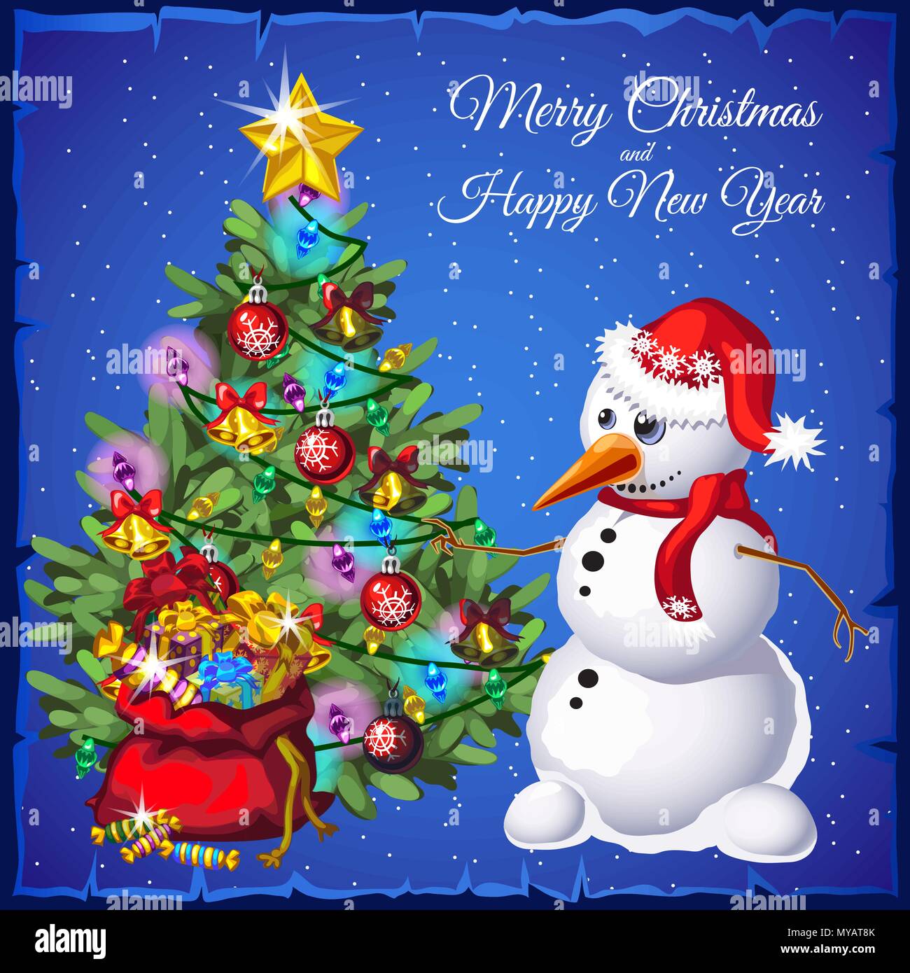 Template Christmas card. Snowman near Christmas tree with gifts. Vector ...