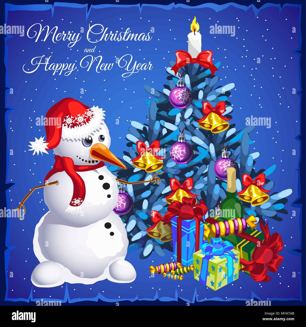 Template Christmas card. Snowman near Christmas tree with gifts. Vector ...