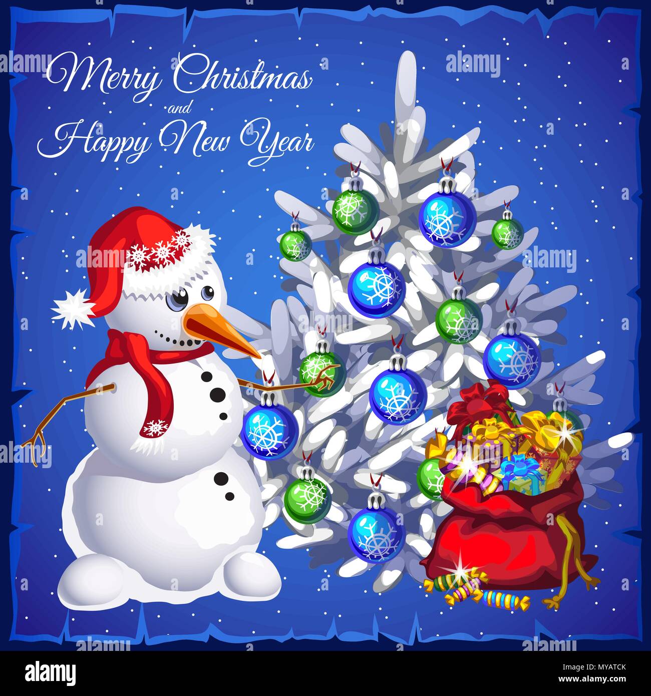 Template Christmas card. Snowman near Christmas tree with gifts. Vector ...