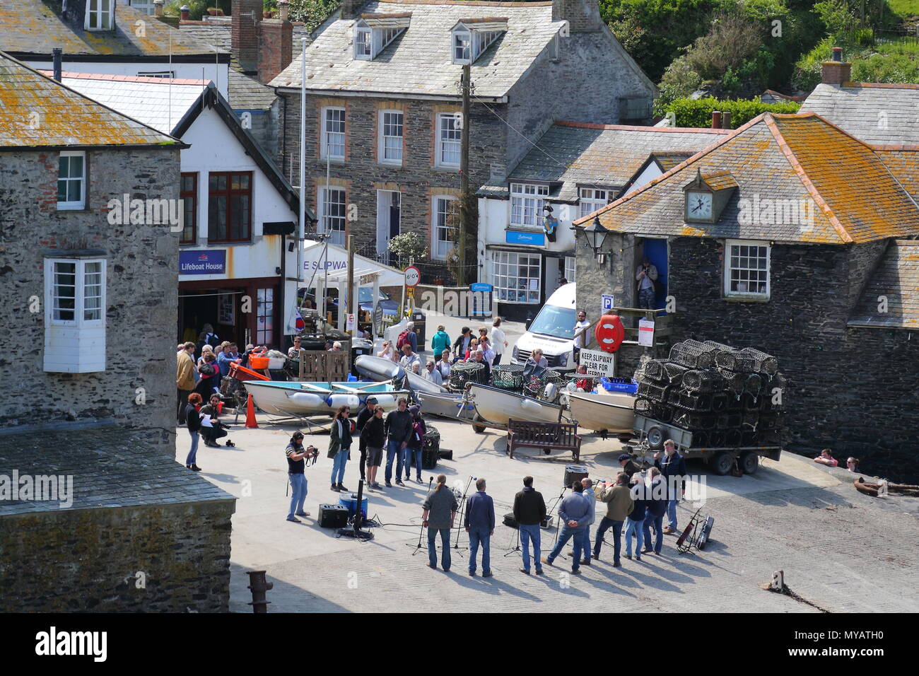 Filming of 'Fisherman's Friends' taking place at Port Isaac, Cornwall, UK Stock Photo