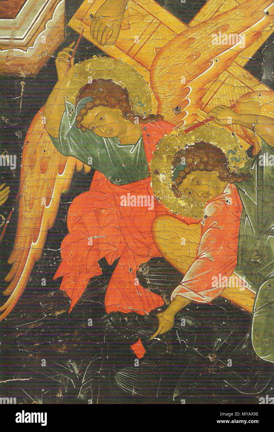 . English: Ascension-Descent into Hell, Icon from the Cathedral of the former Uspensky-Gorny Convent in Vologda, fragment: Angels Русский: Вознесение - Сошествие во ад, икона из собора бывшего Успенского Горнего монастыря в Вологде, фрагмент: ангелы . 2nd quarter of XVI century. Unknown 52 Ascension-Descent into Hell, Gorny Convent, fragment Stock Photo