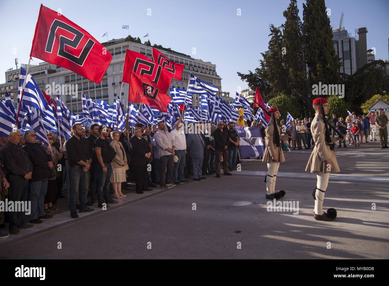 Party members and Members of Parliament of Greek Chrysi Avgi (Golden Dawn) during rally in Athens. 29.05.2018 | usage worldwide Stock Photo