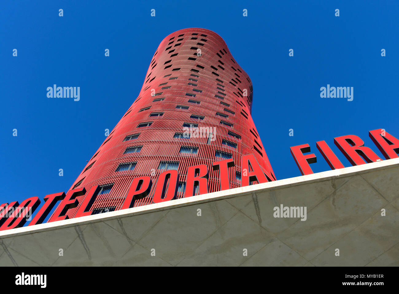 Hotel Santos Porta Fira (also Torres de Toyo Ito), close view looking up, Barcelona, Catalonia, Spain Stock Photo