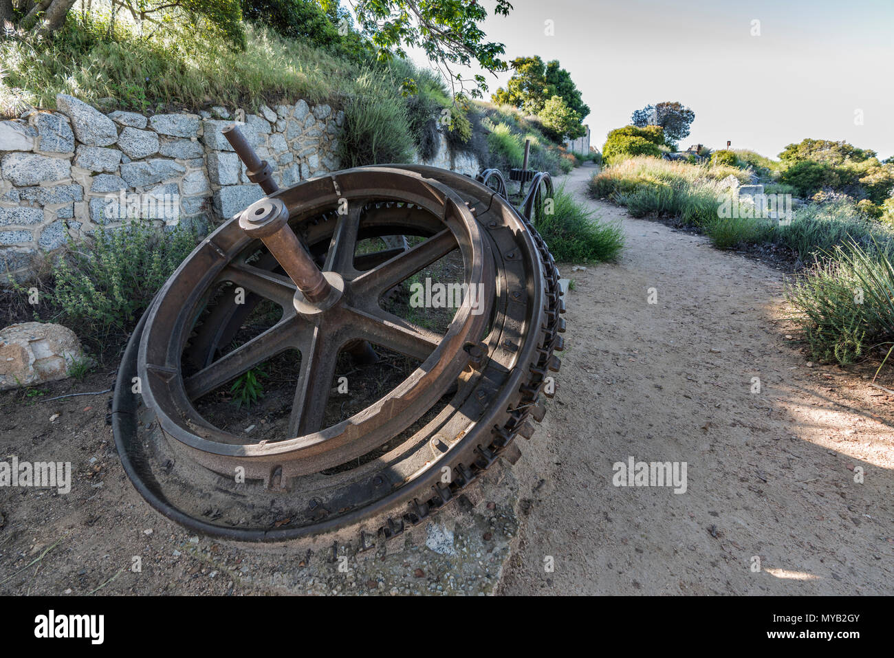 Historic incline railway cable pulley gears on top of Echo Mtn in the Angeles National Forest above Pasadena and Los Angeles, California. Stock Photo