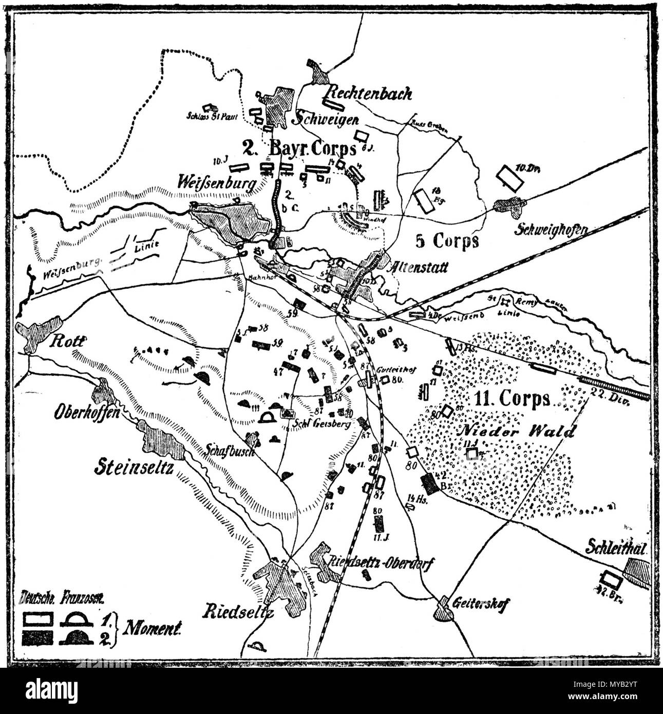 . Deutsch: Karte Schlacht von Weißenburg im Deutsch-Französischen Krieg am 4. August 1870. English: German map of the Battle of Wissembourg in the Franco-Prussian War on August 4th, 1870. 1892. J. Scheibert 67 Battle of wissembourg Stock Photo