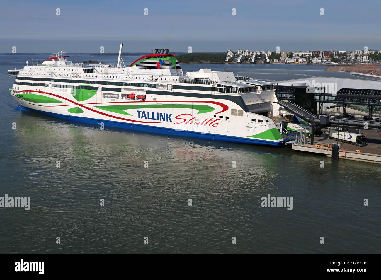 The 'Megastar' ship of the Tallink Shuttle ferry line has shored up in  Helsinki harbour. Taken . There is a regular ferry boat service  between Tallinn (Estonia) and the Finnish capital Helsinki.