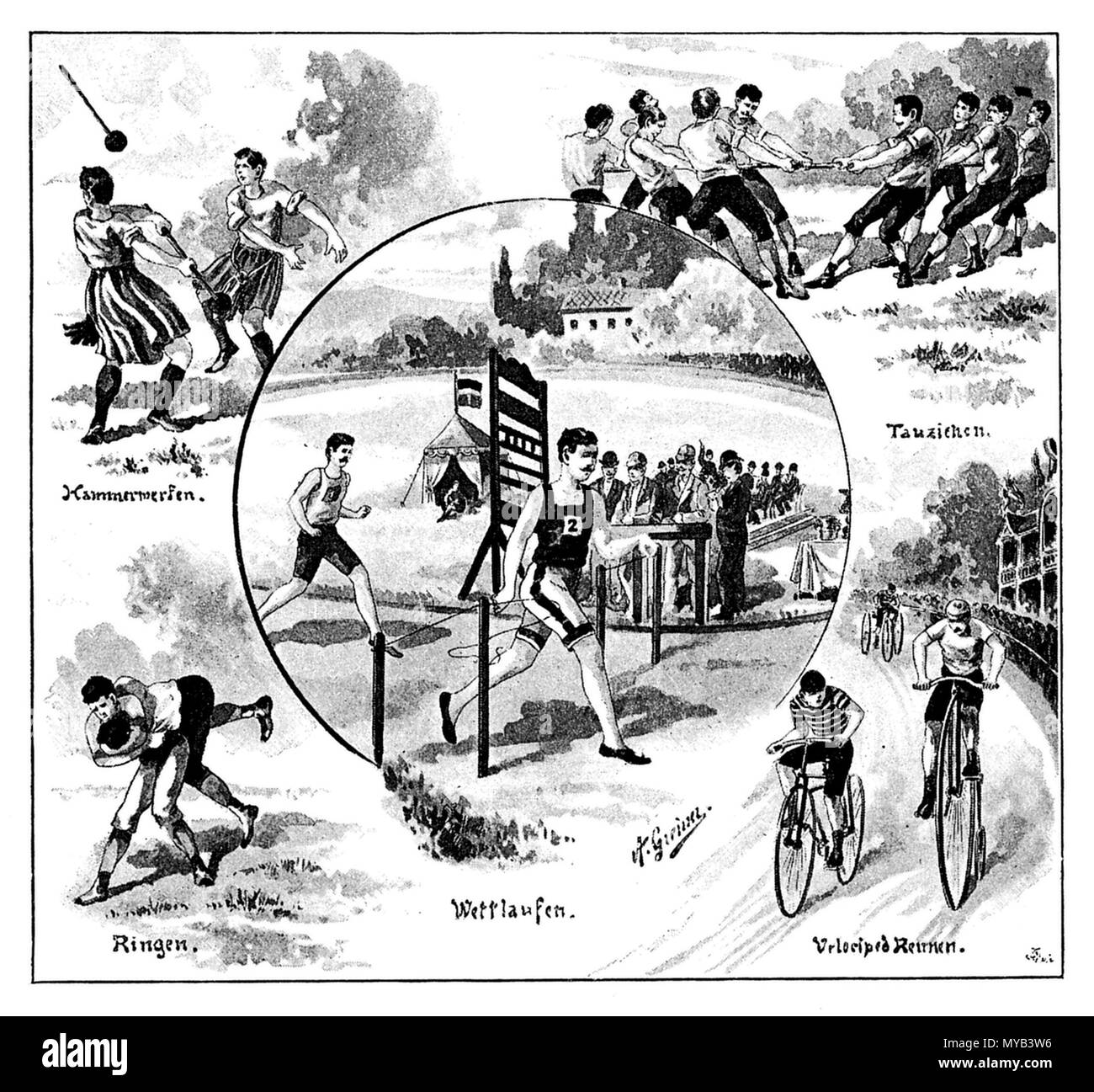 Sports: hammer throwing, tug-of-war, wrestling  racing, velociped races, A Greiner  1895 Stock Photo