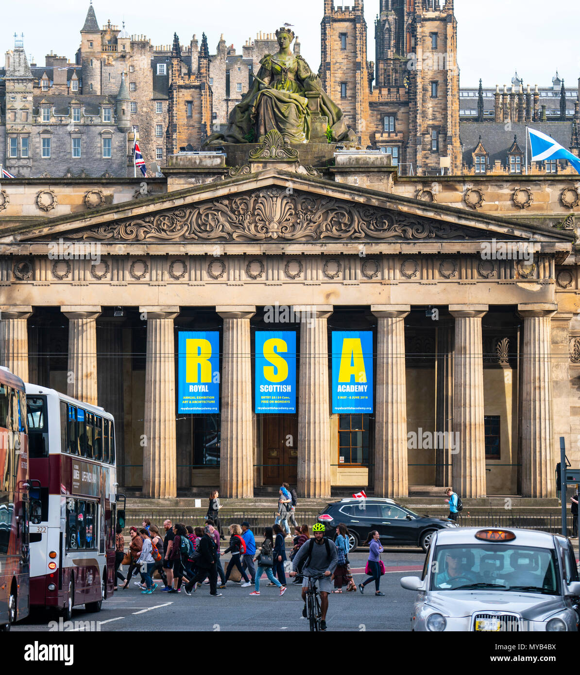 View of busy streets with Royal Scottish Academy and Old Town to rear in Edinburgh, Scotland, UK Stock Photo