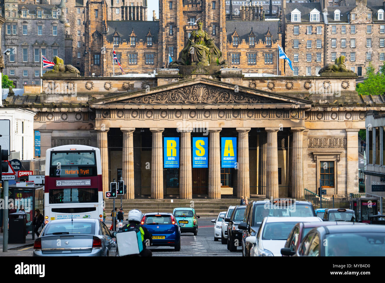 View of busy streets with Royal Scottish Academy and Old Town to rear in Edinburgh, Scotland, UK Stock Photo