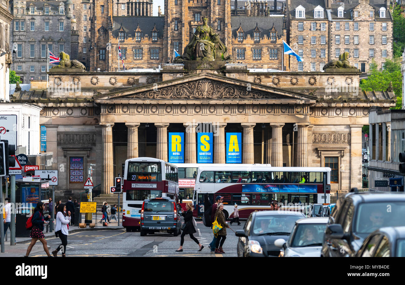 View of busy streets with Royal Scottish Academy and Old Town to rear in Edinburgh, Scotland, UK Stock Photo