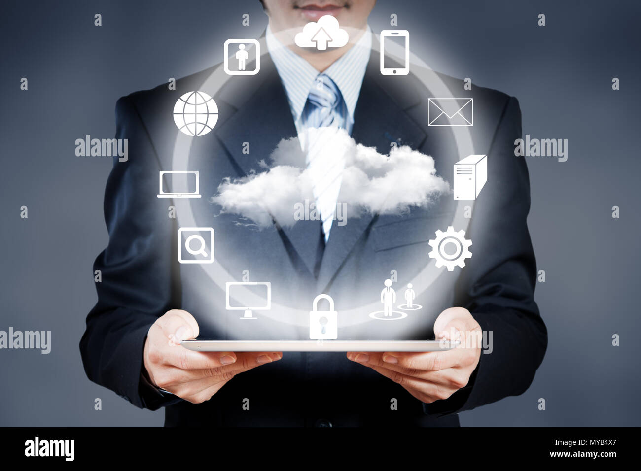 Businessman working on cloud computing business security concept Stock Photo