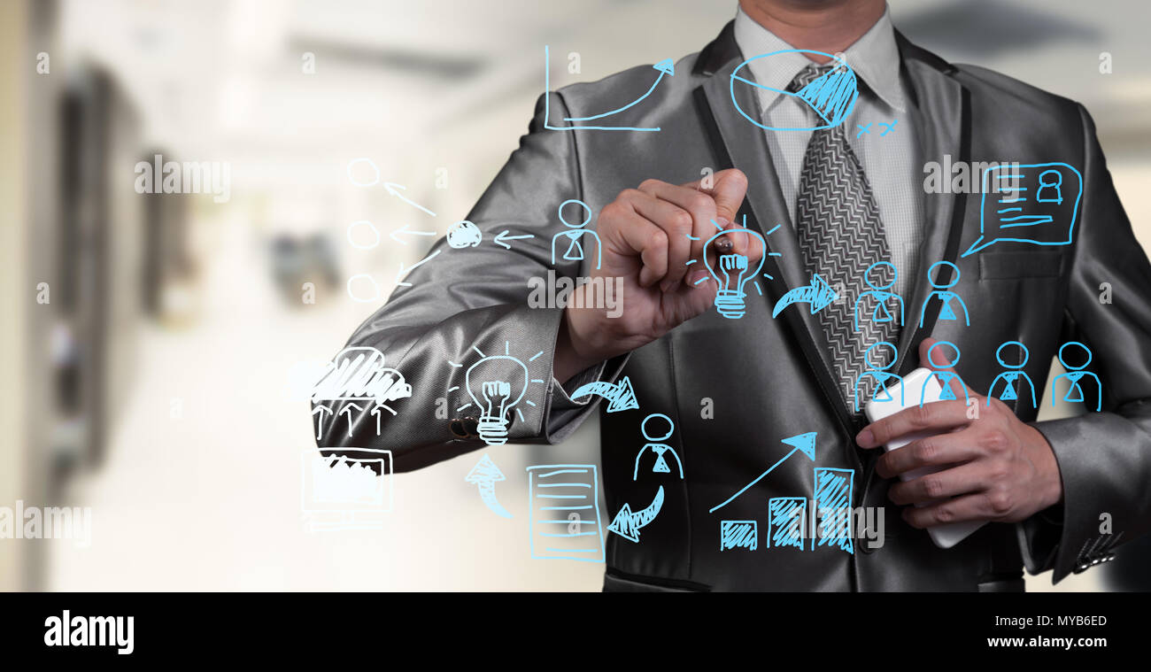 Hand drawing workflow of business man, cusiness concept Stock Photo - Alamy