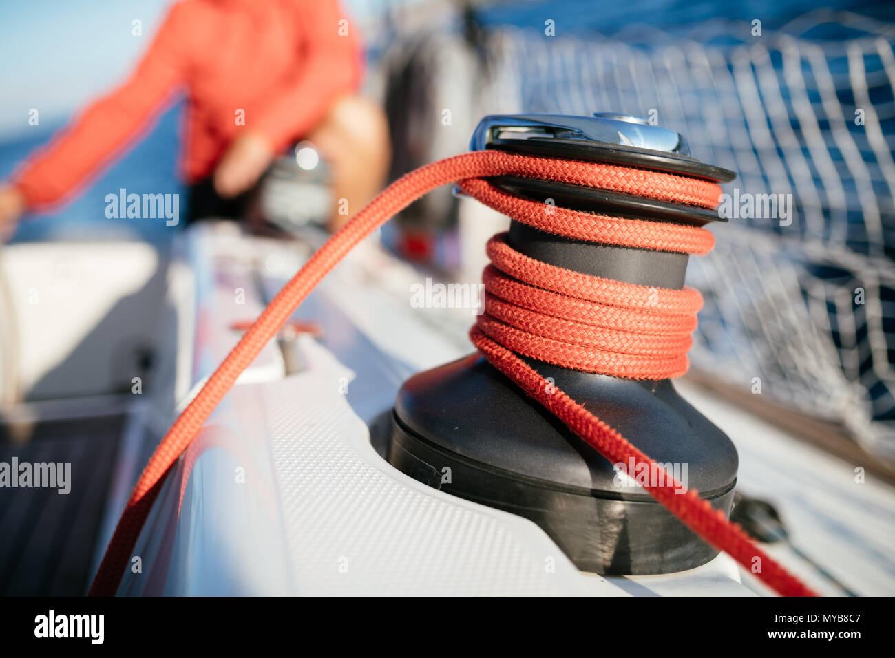 Portrait of sailboat equipment consisted of winch and rope Stock Photo