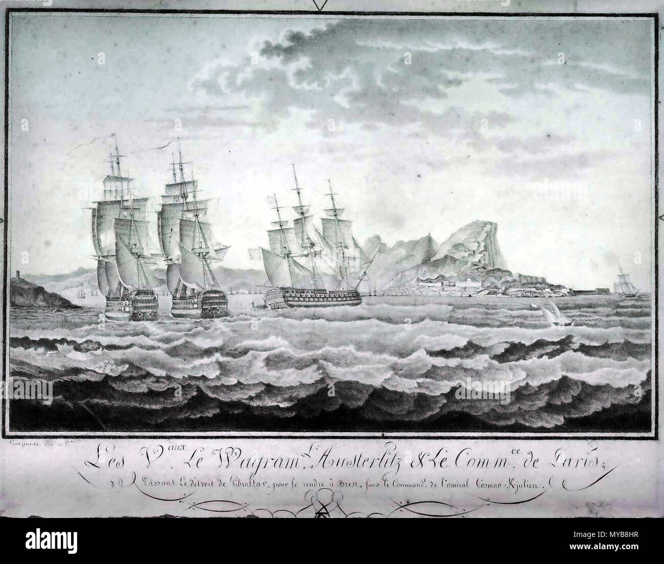 . Français : Les vaisseaux Le Wagram (vaisseau amiral), l'Austerlitz et le Commerce de Paris passant le détroit de Gibraltar pour se rendre à Brest sous le commandement de l'amiral Cosmao-Kerjulien (septembre 1814) . 10 June 2006. Enseigne de vaisseau Guezennec 410 Passage de Gibraltar Stock Photo