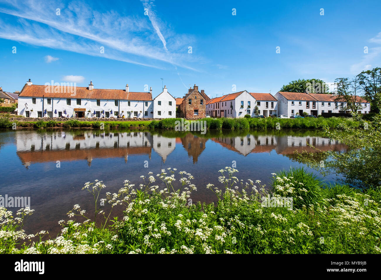The Waterside Pub and historic buildings  beside the River Tyne in Haddington, East Lothian, Scotland, UK. Stock Photo