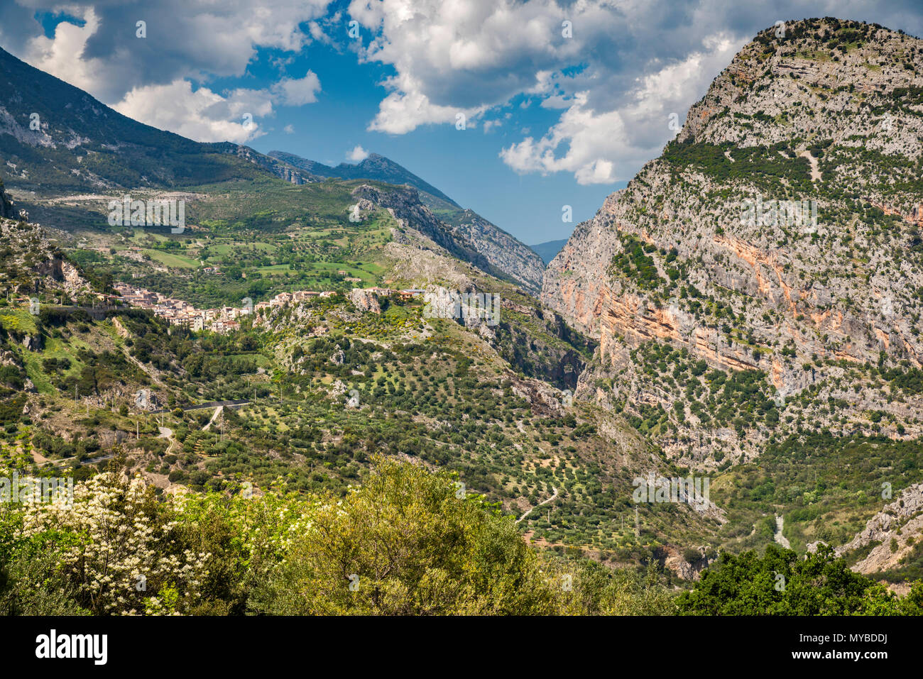 Gole del Raganello (Raganello Canyon), town of Civita on left, Pollino Massif in distance